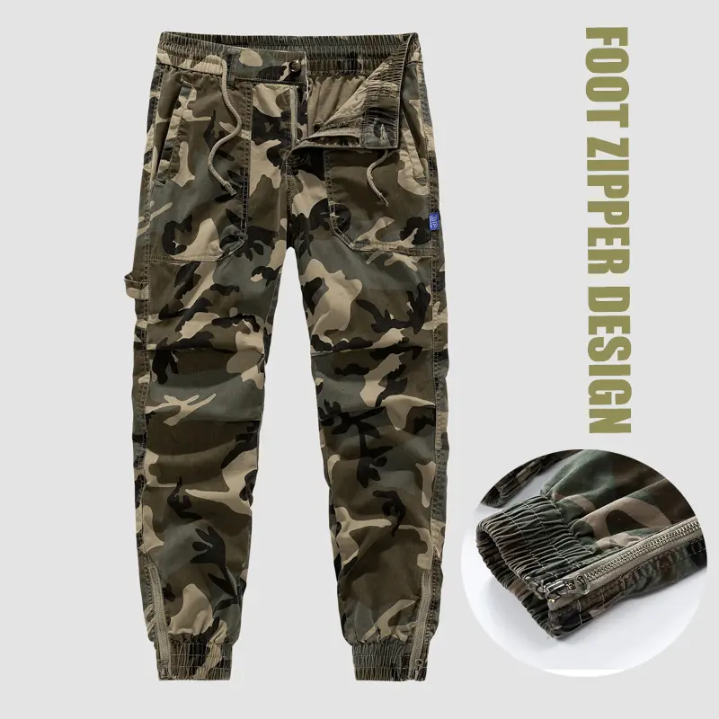 Men's tactical camouflage work pants, elastic waistband with ankle zipper, multi pocket functional style pants