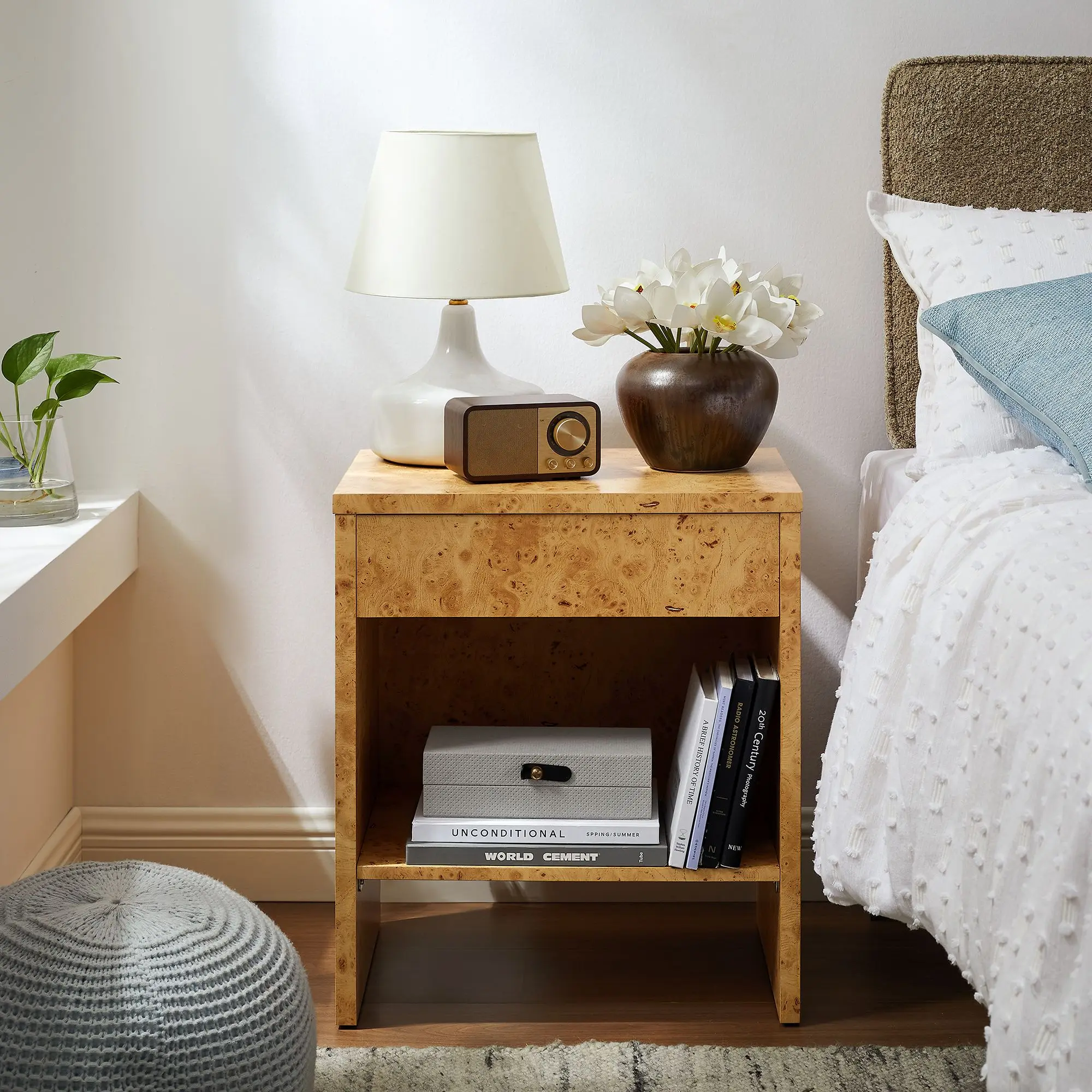 Hudson 1-Drawer Burl Wood Nightstand - Bedside Table Drawers, Indoor Furniture with Storage Shelf, Modern Minimal Chic End Table for Bedroom