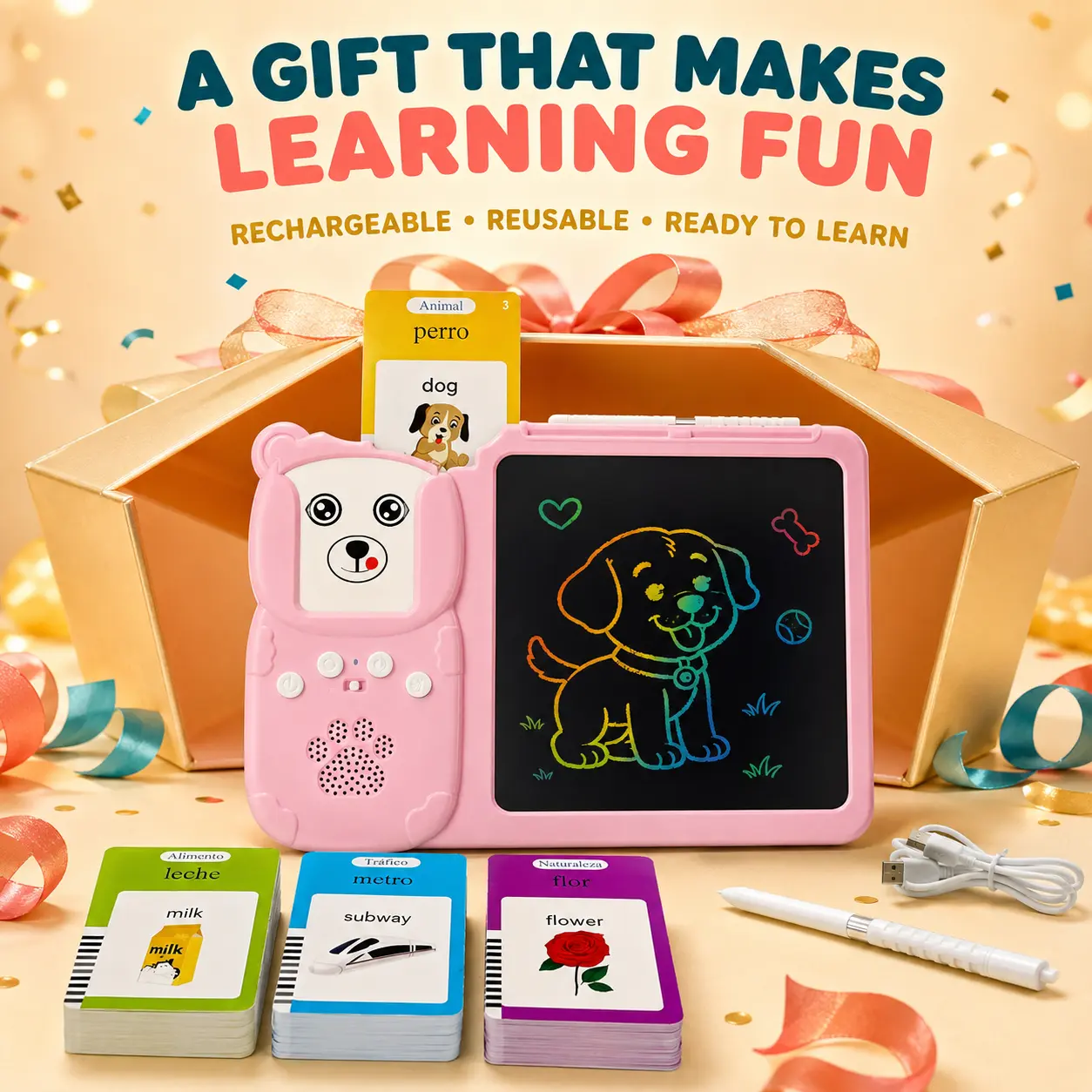 KIDGENIUS 2-in-1 LCD Writing Tablet - Erasable Drawing Pad, Writing Practice Tablet with Bilingual Animal Talking Flash Cards, 510-Word English-Spanish Educational Toy for Preschool Learning, Travel, Homeschooling (Ages 3-8 Gift)