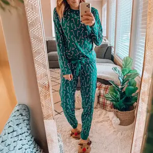 Green Christmas Candy Cane Print Loungewear Set (Top and Pants)