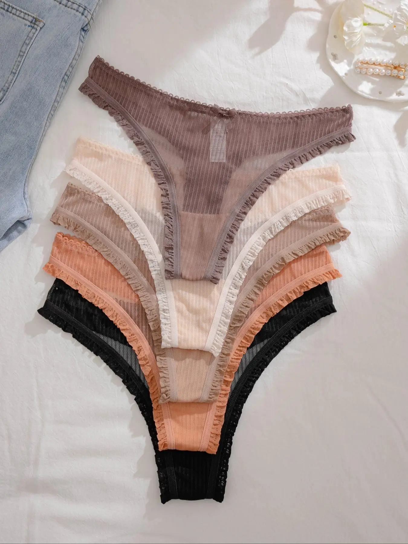 Women's Bow Front Frill Trim Sheer Thong, Soft Comfy Breathable Panty for Daily Wear, Pastel Ladies Underwear for Summer Black Girl Wear