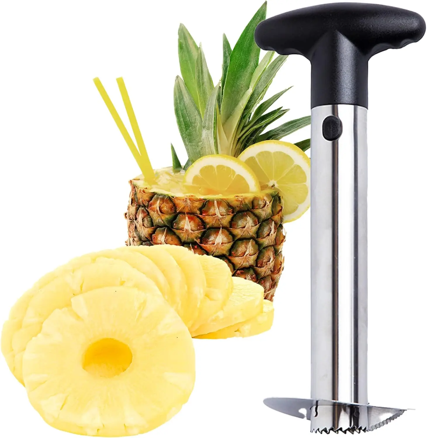 Stainless Steel Pineapple Corer with a Recipe eBook includes One Year Warranty - Core Remover Tool with Detachable Handle - Fast and Easy Fruit Pineapple  Peeler Corer Slicer