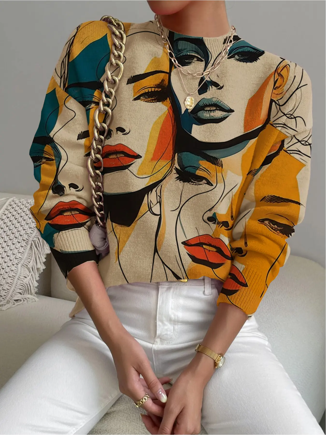 Women's Animal Print Stand Collar Short Sweater, Fall & Winter Casual Long Sleeve Knitwear Style, Comfortable Warm Fitted Top for Daily Wear, Lady, Womenswear, Clothes