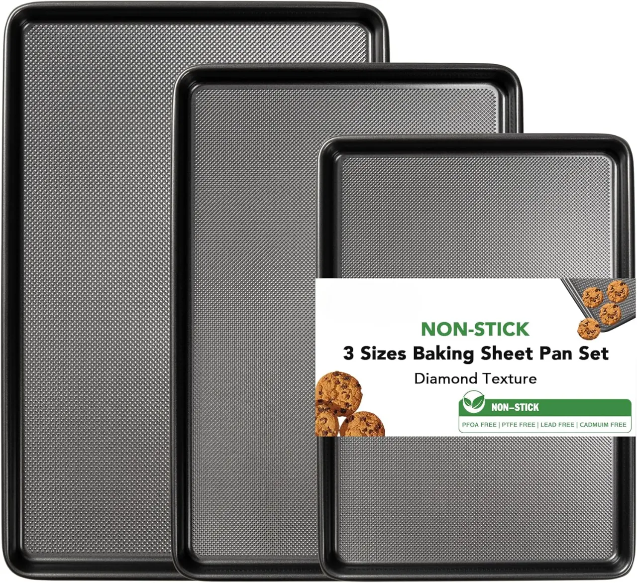[new deal] - Baking Sheet Pan Set, 0.8mm Thick Heavy Duty Cookie Sheet with Diamond Texture Pattern, Nonstick Baking Tray for Oven, Carbon Steel Half, Jerry Roll Pan, Set of 3