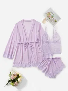 Classic Sexy 4pack Lace Mesh Lingerie Set With Robe & Belt