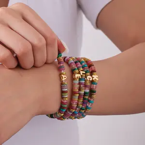 Customizable Initial Bracelet with Popular Bubble Letters – Colorful Semi-Precious Stone Beads & Gold Tone Charms Stretch Boho Stackable Bracelet Trendy Waterproof Jewelry Gift for Women