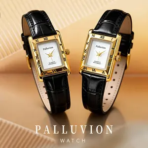 Palluvion PA6007 Luxury Women’s Watch Gold Rectangle Shell Dial Genuine Leather Strap 3ATM Waterproof With Elegant Gift Box And Paper Bag