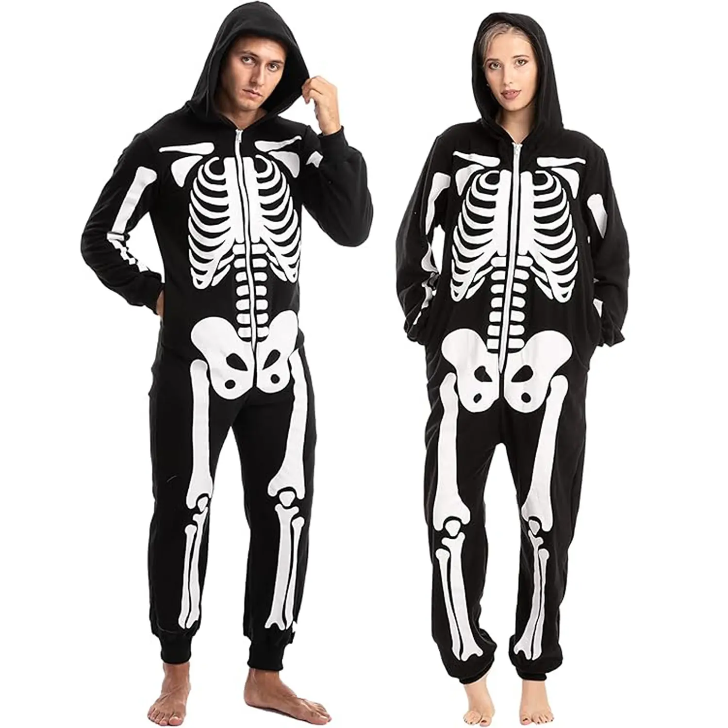 Unisex Adult Skeleton Costume Jumpsuit, Soft Plush Halloween Skeleton Onesie Pajamas for Men & Women, Full‑Body Cosplay Outfit for Halloween Theme Party, Carnival