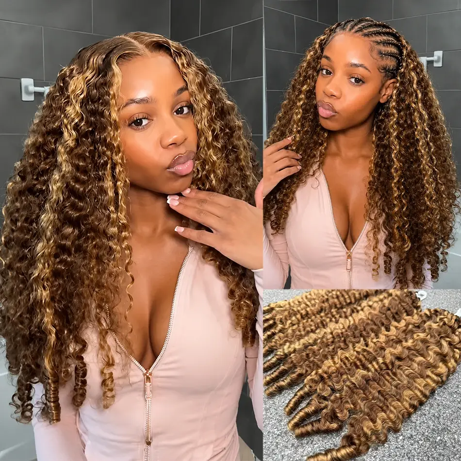 Bling Hair Burmese Curly Highlight Burmese Curly Crochet Human Hair Extensions 4/27 Color Pre-Separated Knotless mbre Highlight Feather Crochet Braids Hair
