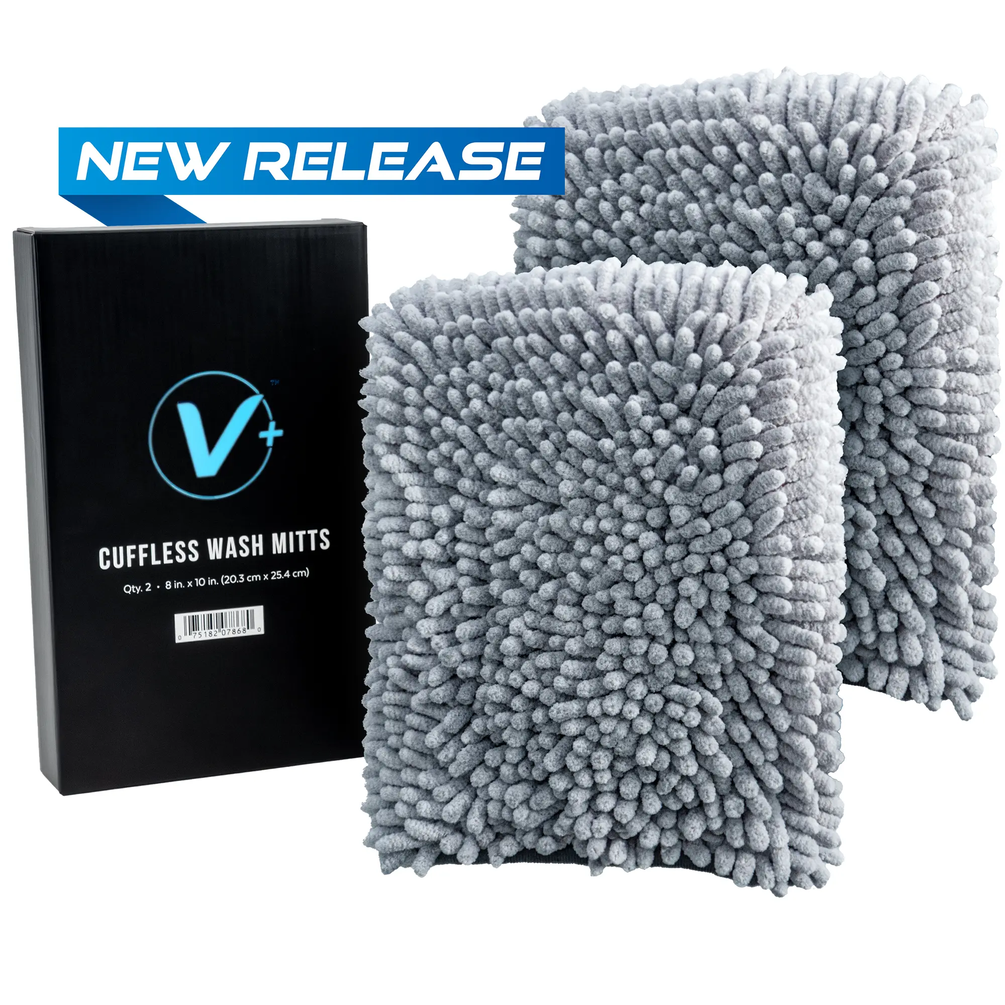 VIKING V+ Cuffless Car Wash Mitt for Cleaning and Washing Exterior of Cars, Use as Wash Mitt or Wash Pad, Grey Microfiber Chenille Mitt for Car Detailing Kit, 10 Inch x 8 Inch, 2 Pack