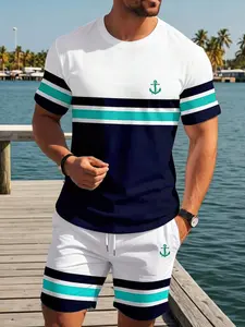Summer Men's Nautical Style Tropical Colorblock Striped Fitted Casual Menswear Set, Round Neck Short Sleeve T-Shirt + Drawstring Shorts, Two-Piece Sports Clothes