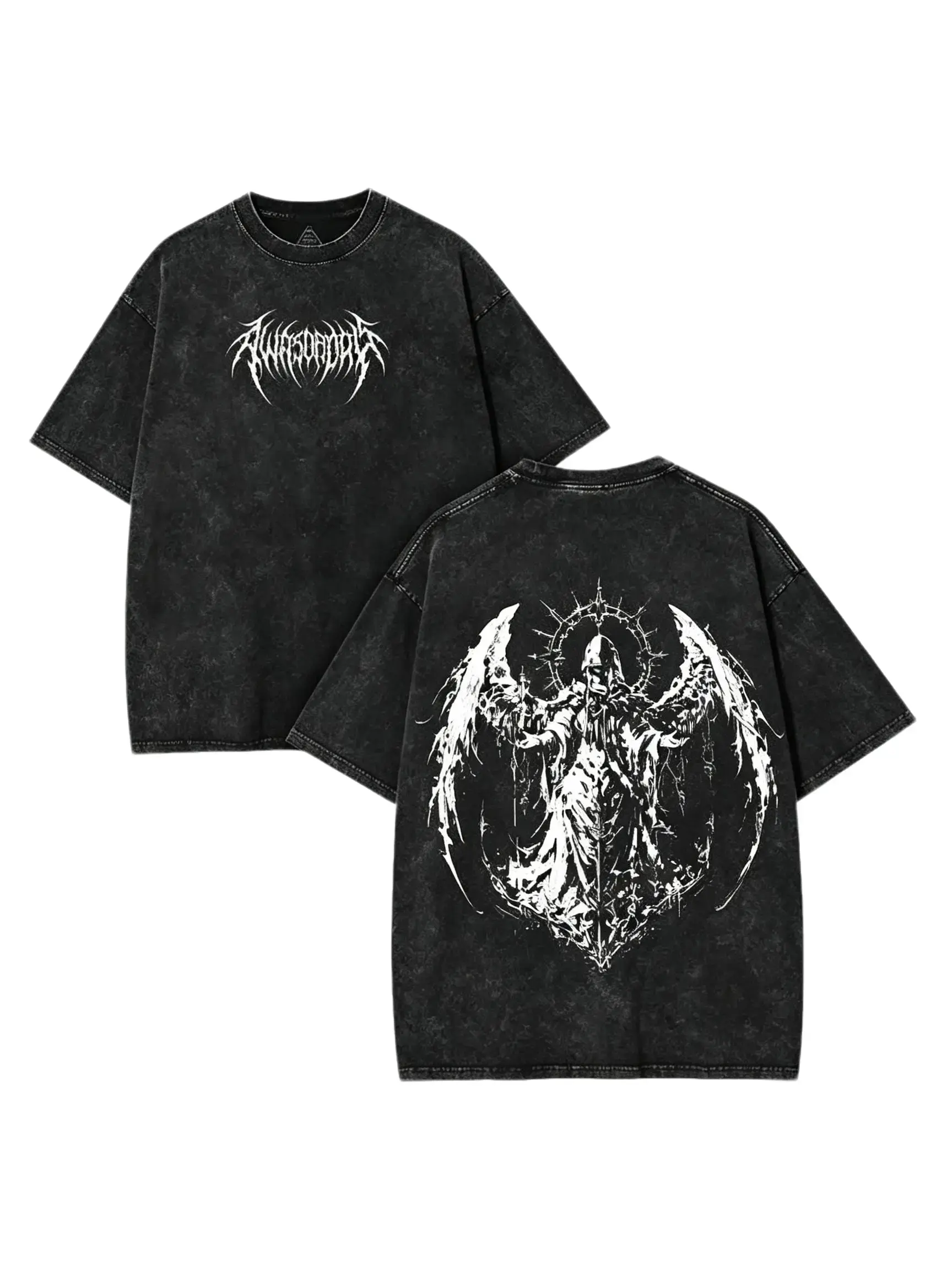 [BT] Vintage Washed Black Double Sided Winged Reaper Graphic T-Shirt,Heavyweight Oversized Retro Death Metal Gothic Patterned Streetwear Top,Brutal Metal Font Front & Angel Reaper Back Print Short Sleeve Tee,Grunge Alt Metal Fan Loose Fit Cotton Shirt