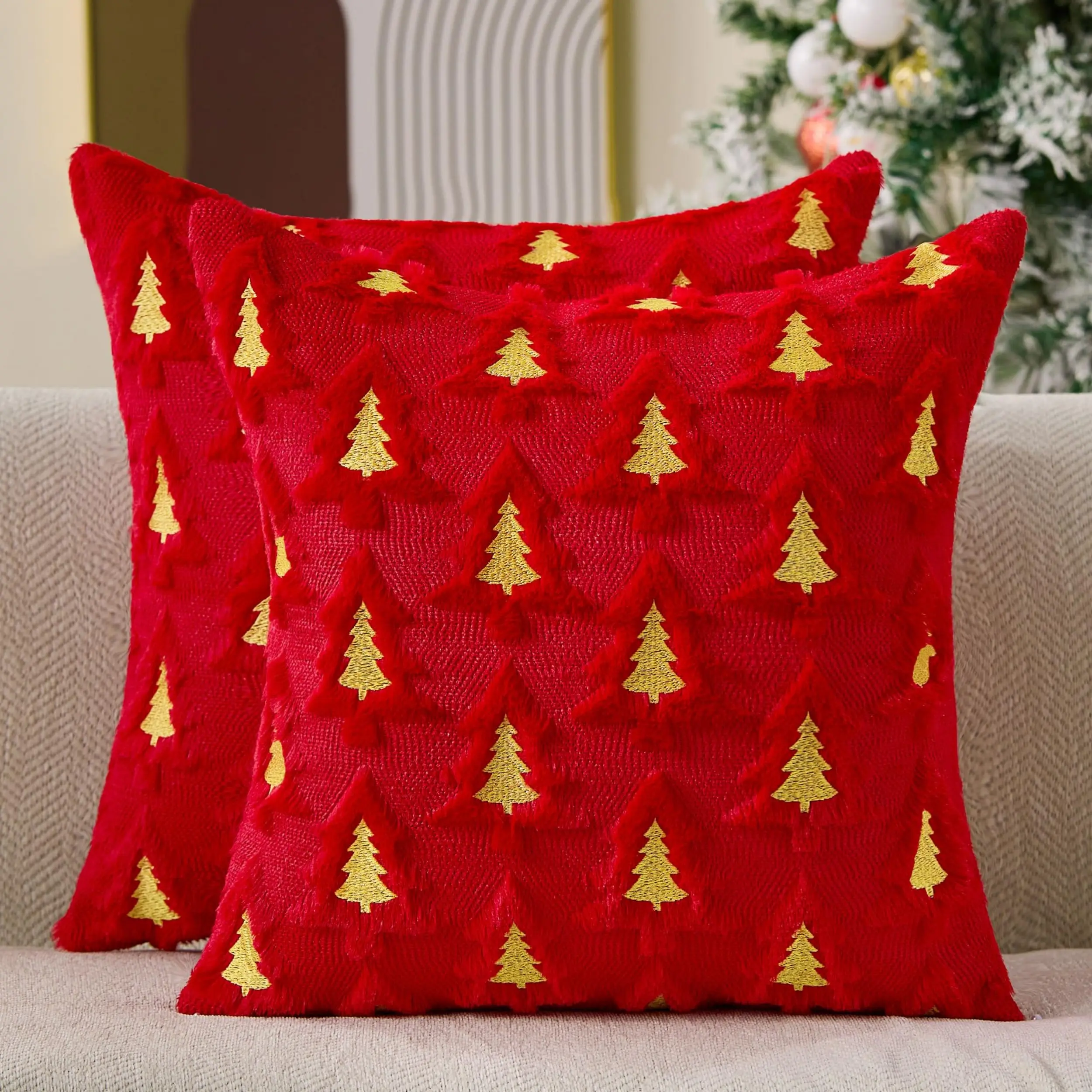 18x18 In Square Plush Faux Fur Christmas Throw Pillow Covers Set of 2 - Soft Fabric Polyester Tree Embroidery Red Cushion Cases for Bedroom Sofa Winter Holiday Home Decor