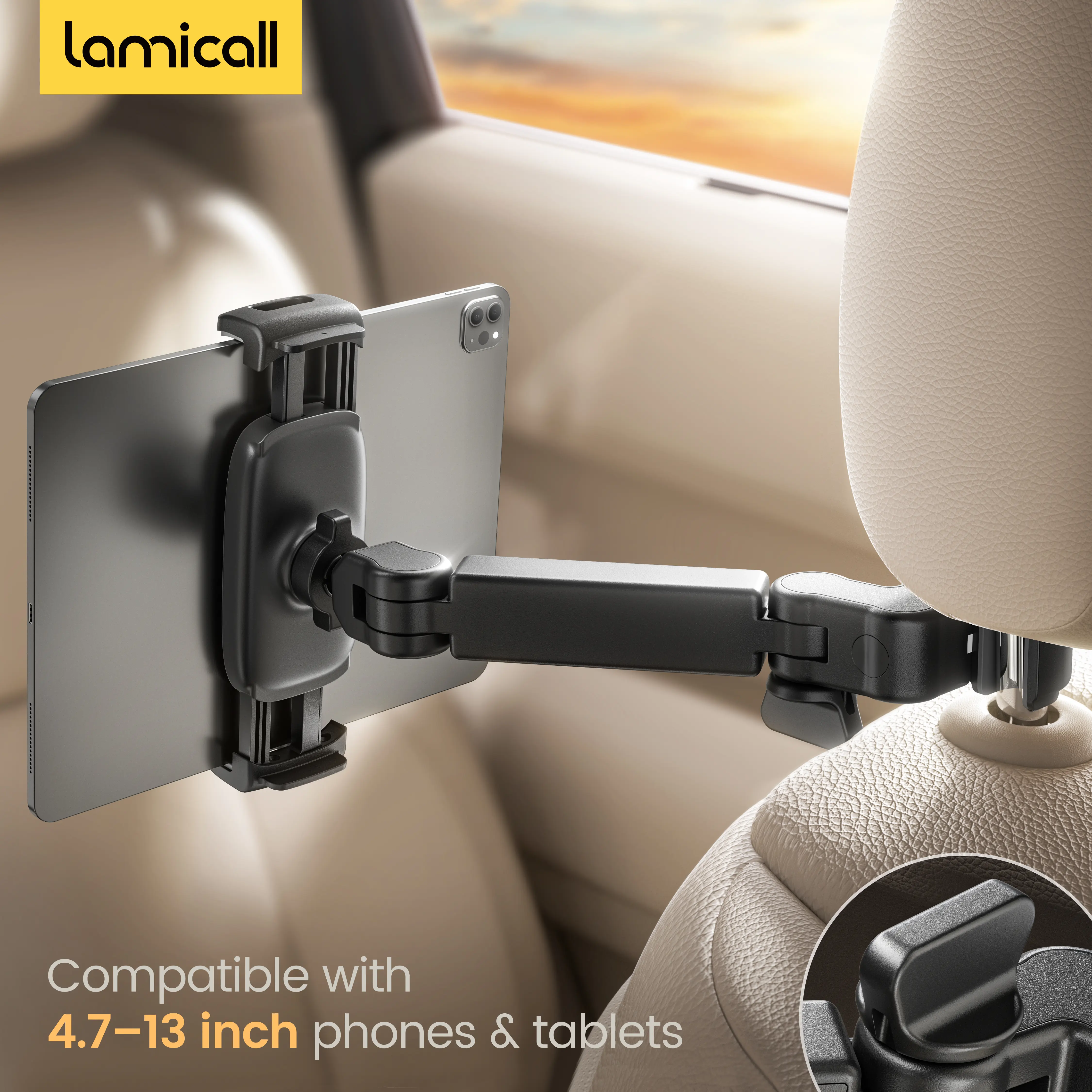Lamicall Car Headrest Tablet & Phone Mount - 3-in-1 Adjustable Extension Arm Back Seat Holder, Auto Accessories, Fits 4.7-11" Devices (iPad, Galaxy, Fire HD), Road Trip Essential for Kids, Black, Car Phone Mount