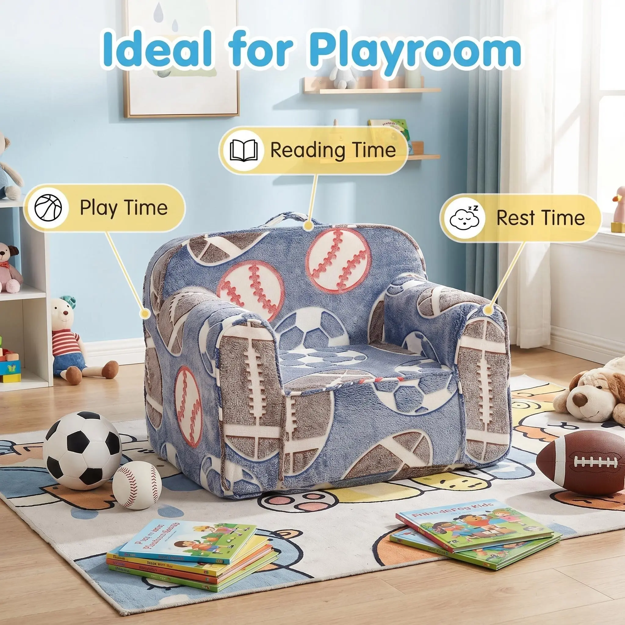 Toddler Sofa Chair with Baseball Football Soccer Sports Print, Soft Flannel Kids Armchair with Side Storage Pocket, Machine Washable Cover Carry Handle Kids Reading Chair Fit 18 Months-6 Years Old Boys, Playroom Bedroom Decor Gift for Boys
