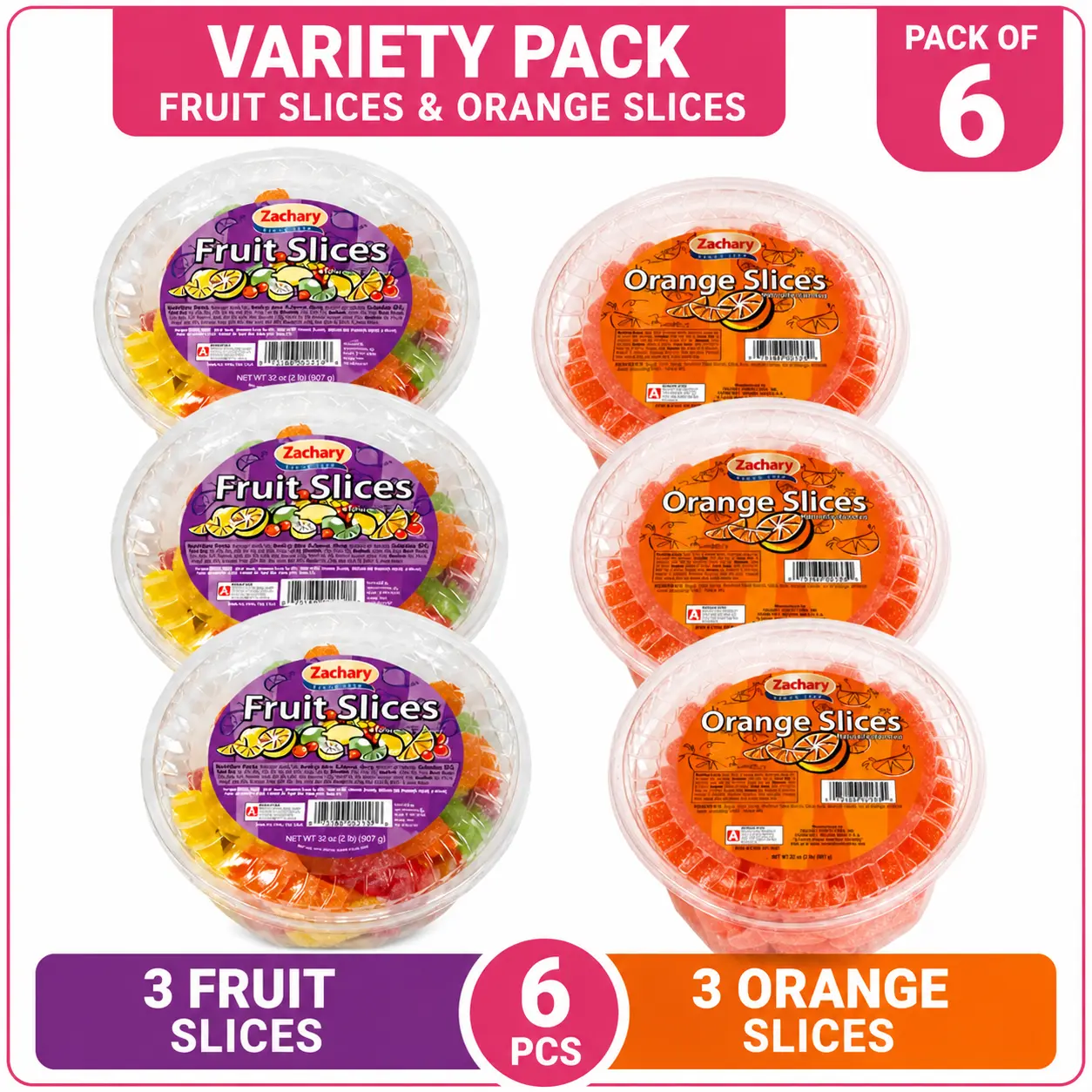 Zachary Soft Chewy Jelly Candy Bundle - Coconut Oil, Gelatin-Infused, Fruit, Orange, Lemon Variety Snack Pack (6 Pieces) with Chewy Texture for Everyday, Party Snacks, Candy Lovers