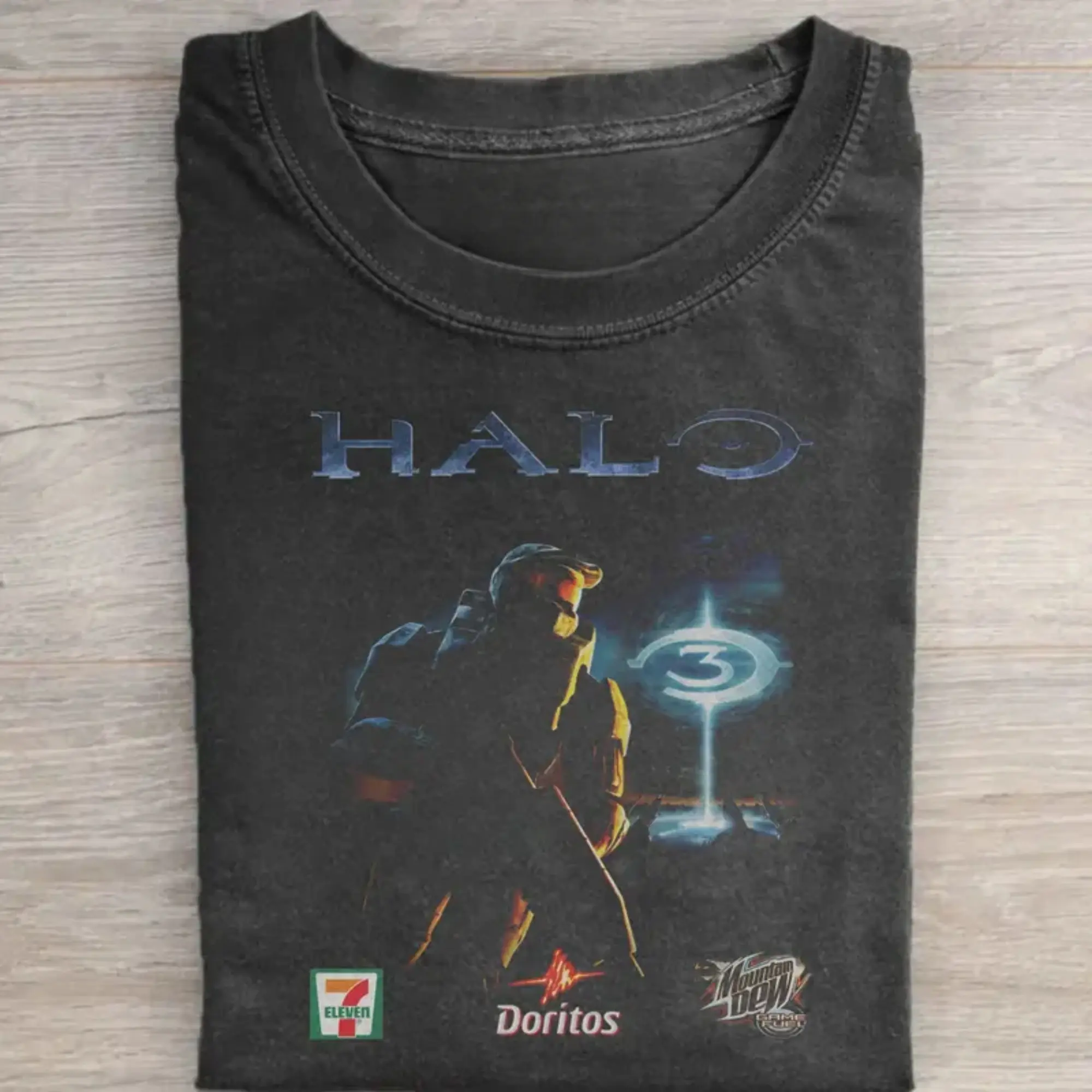 Vintage Halo 3 Master Chief T-Shirt - Retro Gaming Doritos Mountain Dew Game Fuel Graphic Tee, Gamer Gift Shirt, Fitted Shortleeve T-Shirt, Men's Black Round Neck Menswear, Gift for Men