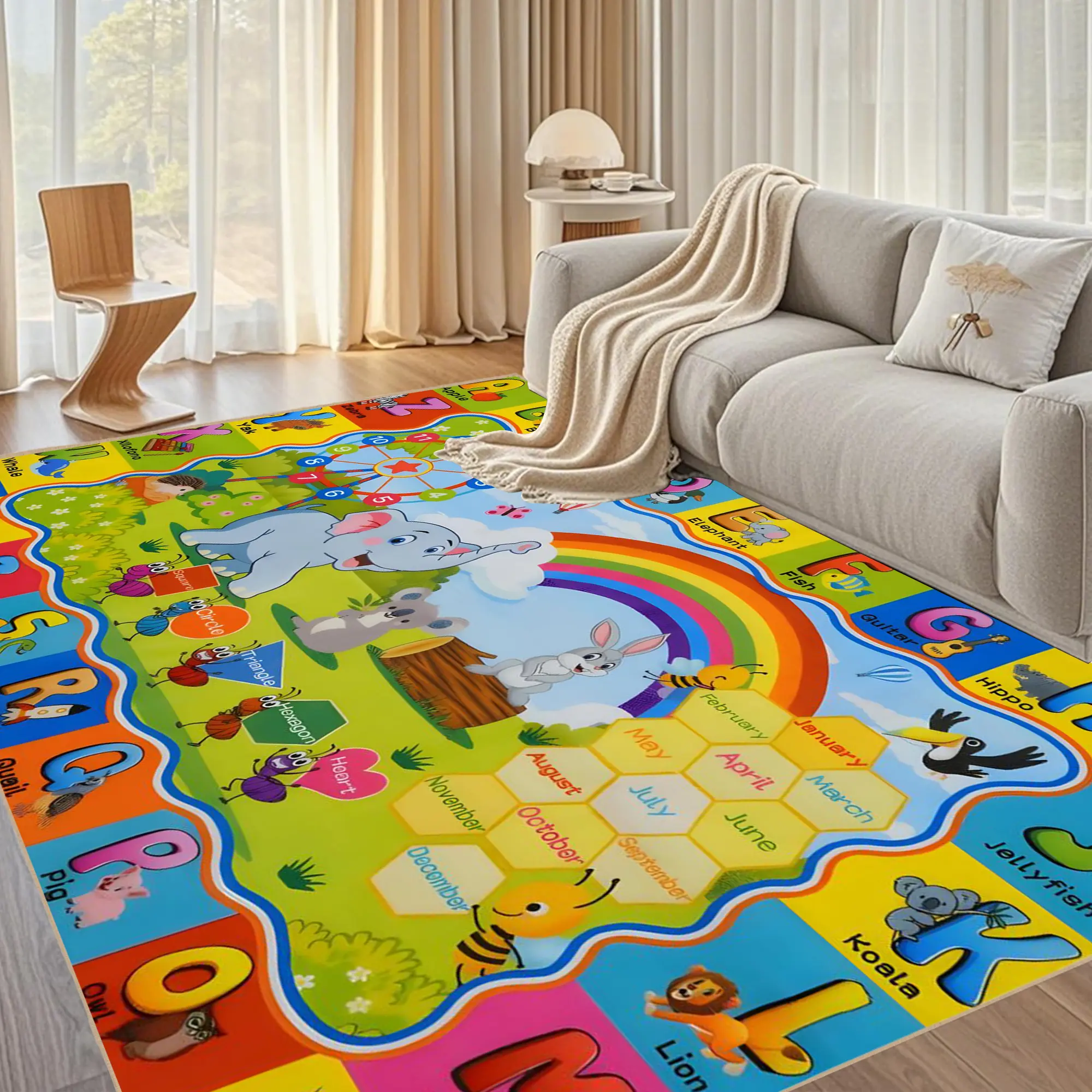 Kids Educational Play Rug, Alphabet Number Learning Mat, Colorful Nursery Floor Carpet For Toddlers, Interactive Preschool Activity Rug, Soft Playroom Area Rug For Boys And Girls, 5x7 Feet