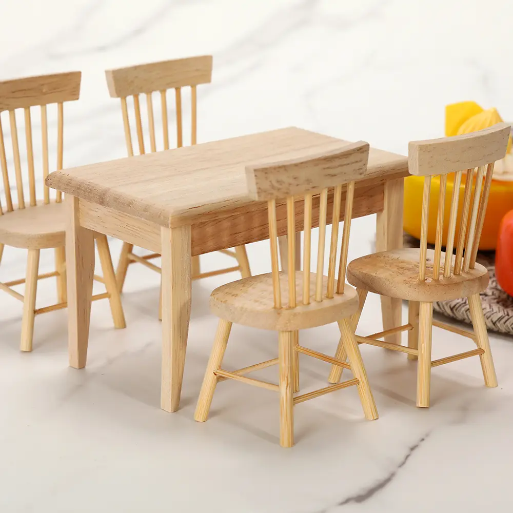 1:12 Scale Rectangular Solid Wood Handcrafted Dollhouse Dining Table and Chair Set (5 Pcs, Natural Finish) - Mini Sized Products with Dining Utensils, Specialty Kitchen Gadgets for Storytelling Playtime Accessories
