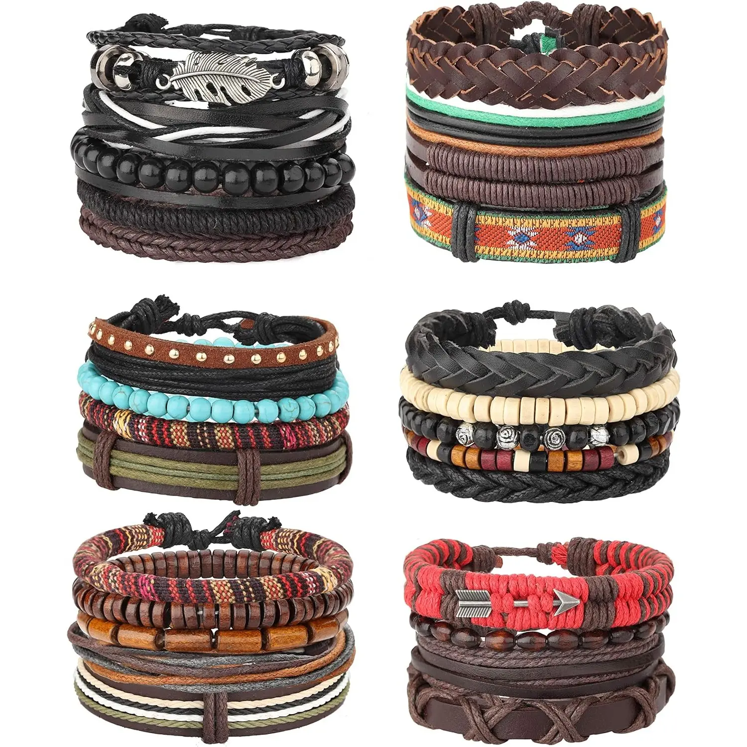 Milacolato Adjustable Bangle - Handmade Boho Ethnic Tribal Wrist Cuff for Men, 22-32 Count Braided Leather Bracelet with Cords & Wood Beads, Daily Wear Wrap Band, Boho Style Bracelet