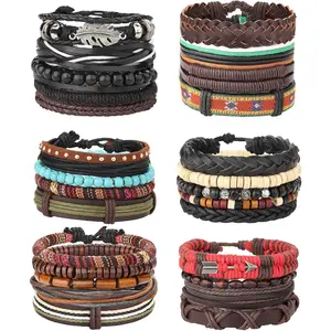 MILACOLATO 22-32 count Braided Leather Bracelet for Men Women Woven Wrist Cuff Bracelets Hemp Cords Wood Beads Ethnic Tribal Handmade Wrap Adjustable Boho Beaded Band