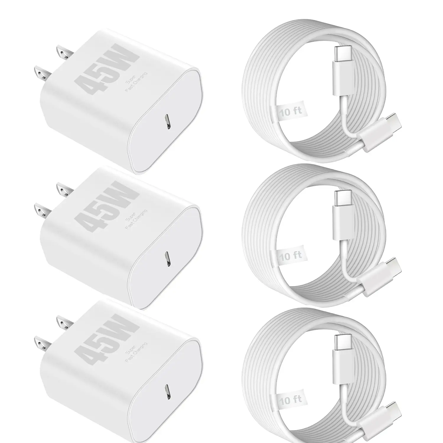 3/2/1 Pack 45W USB C Fast Charging Wall Charger Block with 10FT USB C to USB C Charger Cord for iPhone 16/16 Plus/16 Pro/16 Pro Max/15/15 Plus/15 Pro Max/iPad & More