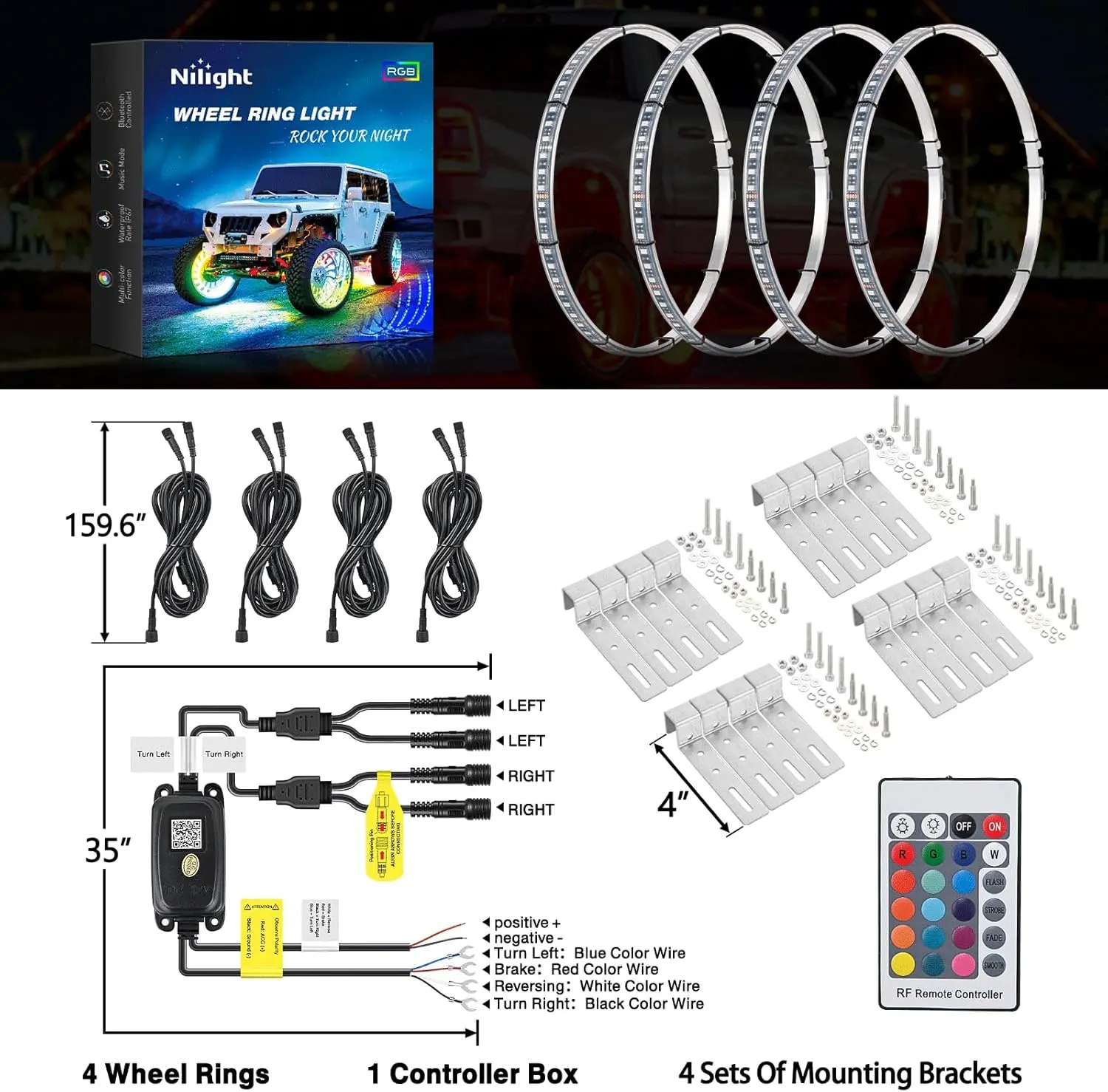 Nilight 4PCS 17.5in RGB LED Wheel Ring Lights, Car Ambient Light with APP & Remote Controlled, RGB Effects, Plug-and-Play, Double Row, Turn Signal & Braking Functions, Auto Accessories for Cars SUVs, Father's Day Gift, Car Decorative Light