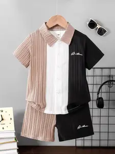 Boys Summer Classic Fashion Set, Patchwork Button Collar Shirt Short Sleeve, Comfortable Breathable Shorts 2 Piece