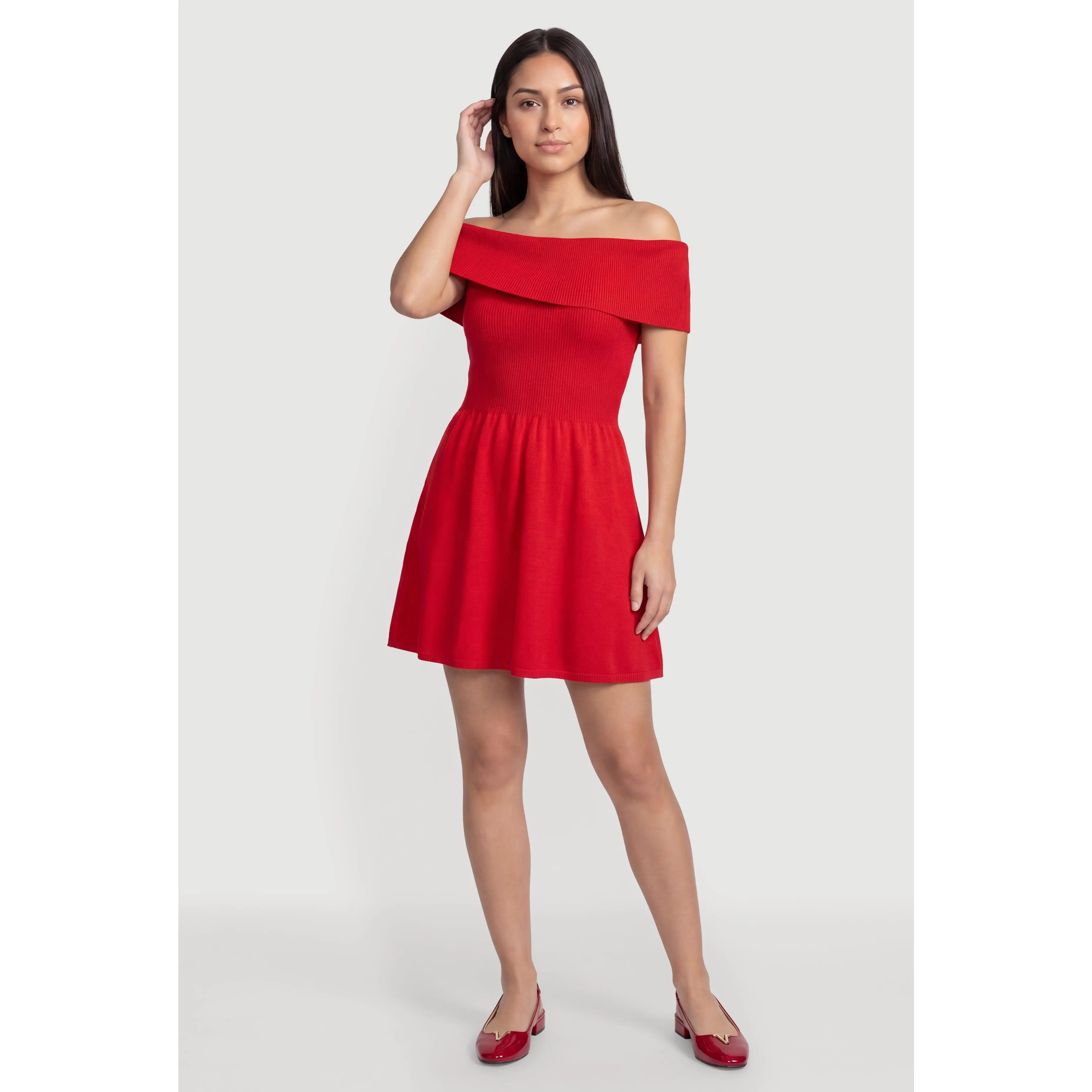 Fold Over Off The Shoulder Skater Dress