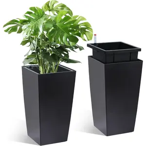 16 in Tall Planters Set of 2, Outdoor/Indoor Black Planter Pots, High Front Porch Planter Pots with Drainage Holes Water Level Monitor Inner Bucket, Automatic Watering, Black