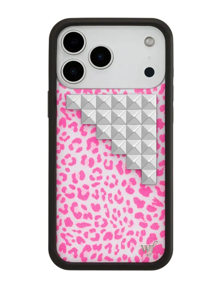 Pink Meow Studs | Limited Edition Trendy Collab iPhone Case | Raised Protective Black Bumper | Women Owned Small Business | Colorful Pink and White Leopard Print Silver Studded | Safety Casing Protective | Gift for Her