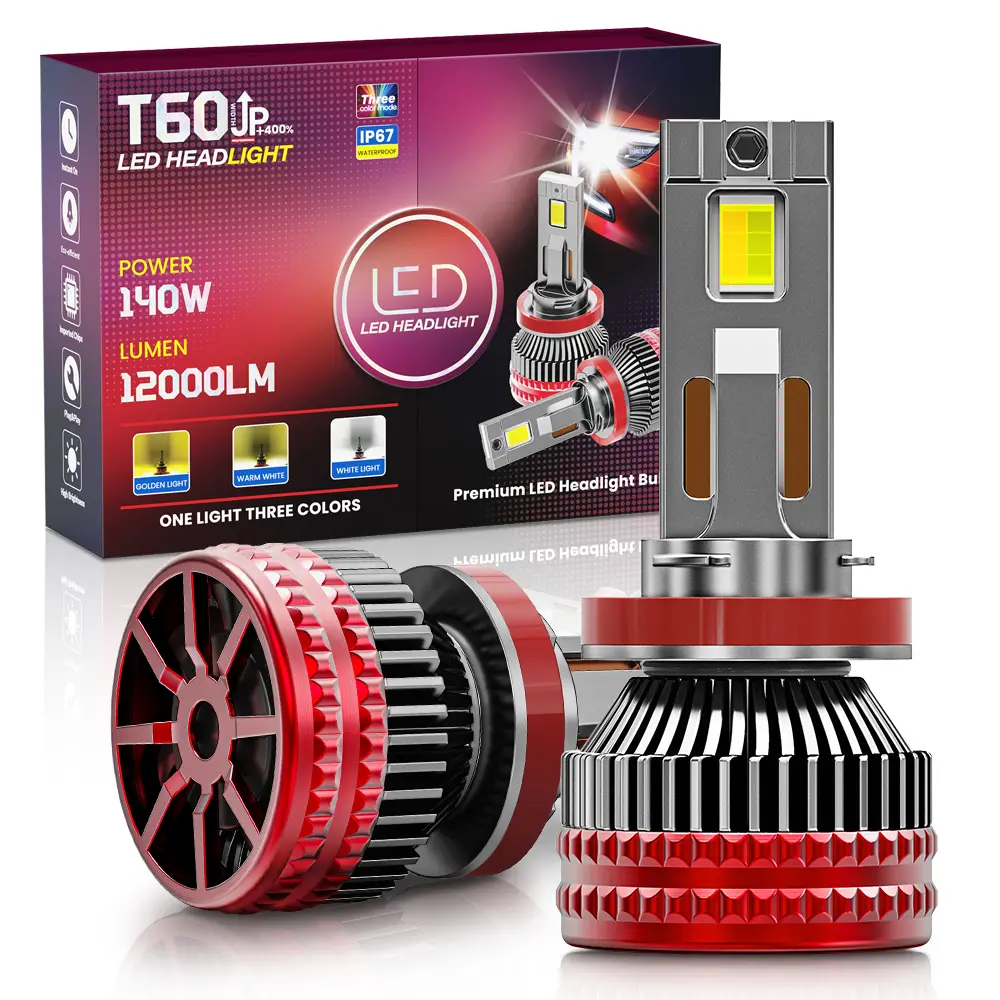 2PCS 3-Color LED Headlight Bulbs, H1/H3/H4/H7/H11/9005/9006/9012, 140W High-Power High/Low Beam Kit, Ultra-Bright Automotive LED Lights with Built-In Cooling Fans