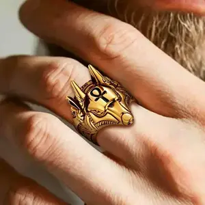 U7 Anubis Rings Vintage Ankh Cross Amulet Chunky Ring Ancient Egyptian Jewelry for Men