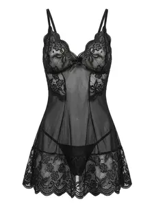 Women's 2 Piece Floral Lace Lingerie Set Night Dress Sleewear,Ruffle Hem Sheer Babydoll Chemise Nightgown Comfort Springtok