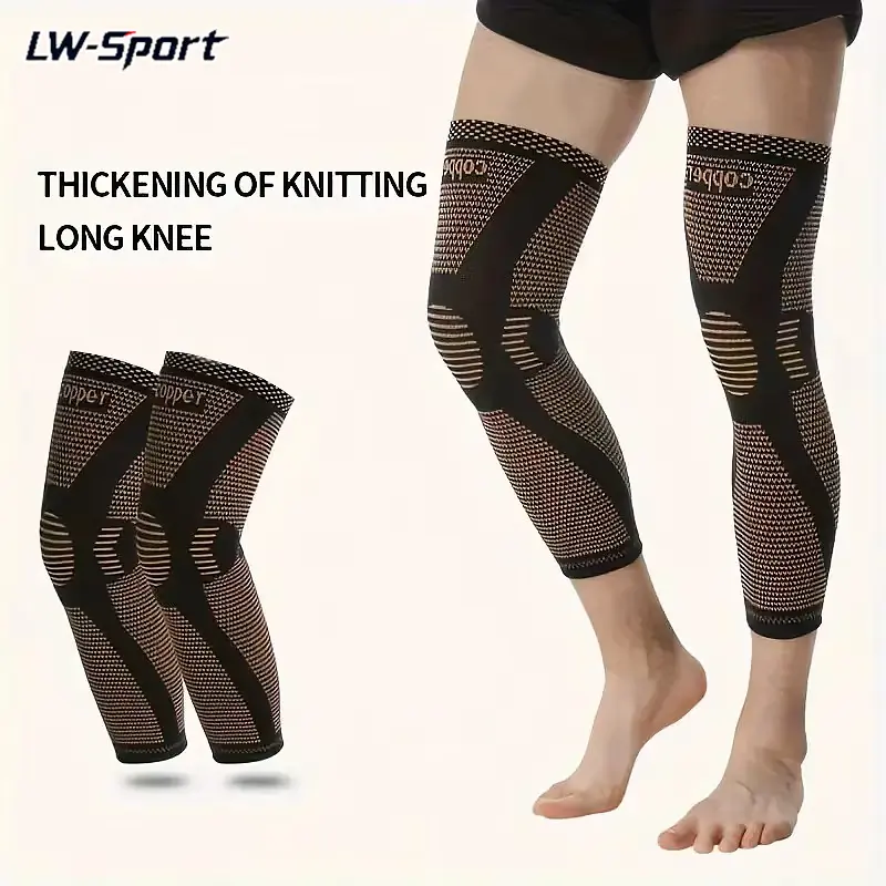 1Pair Copper Compression Leg Sleeves - Anti-Slip Silicone Long Knee Braces, 3D Knitted Breathable Sweat-Wicking Support for Men, Joint Pain Relief for Gym, Running, Daily Sports