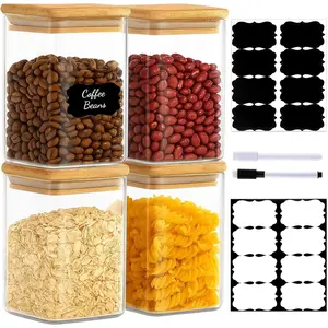 37oz(1.2Qt) Square Glass Storage Containers with   - 4 Pack Clear  Airtight Glass Jars for Pantry Organizers and Storage, Kitchen Dry , Coffee, Sugar, Flour, Snacks, Spices
