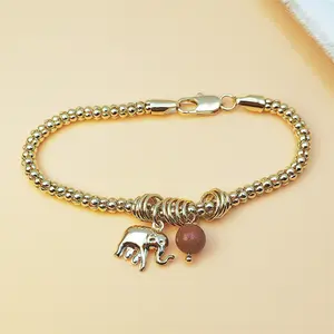 14K Gold Plated Beaded Chain Bracelet with Lucky Elephant Charm & Sunstone Pendant - Good Luck Statement Jewelry for Women, Lobster Clasp