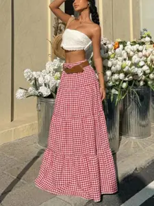 Women's Summer Vacation Casual Chic Plaid Long Dress, Bohemian High Waist Beach Skirt, Loose Fit Wrap Dress Without Belt, High Waist Skirts
