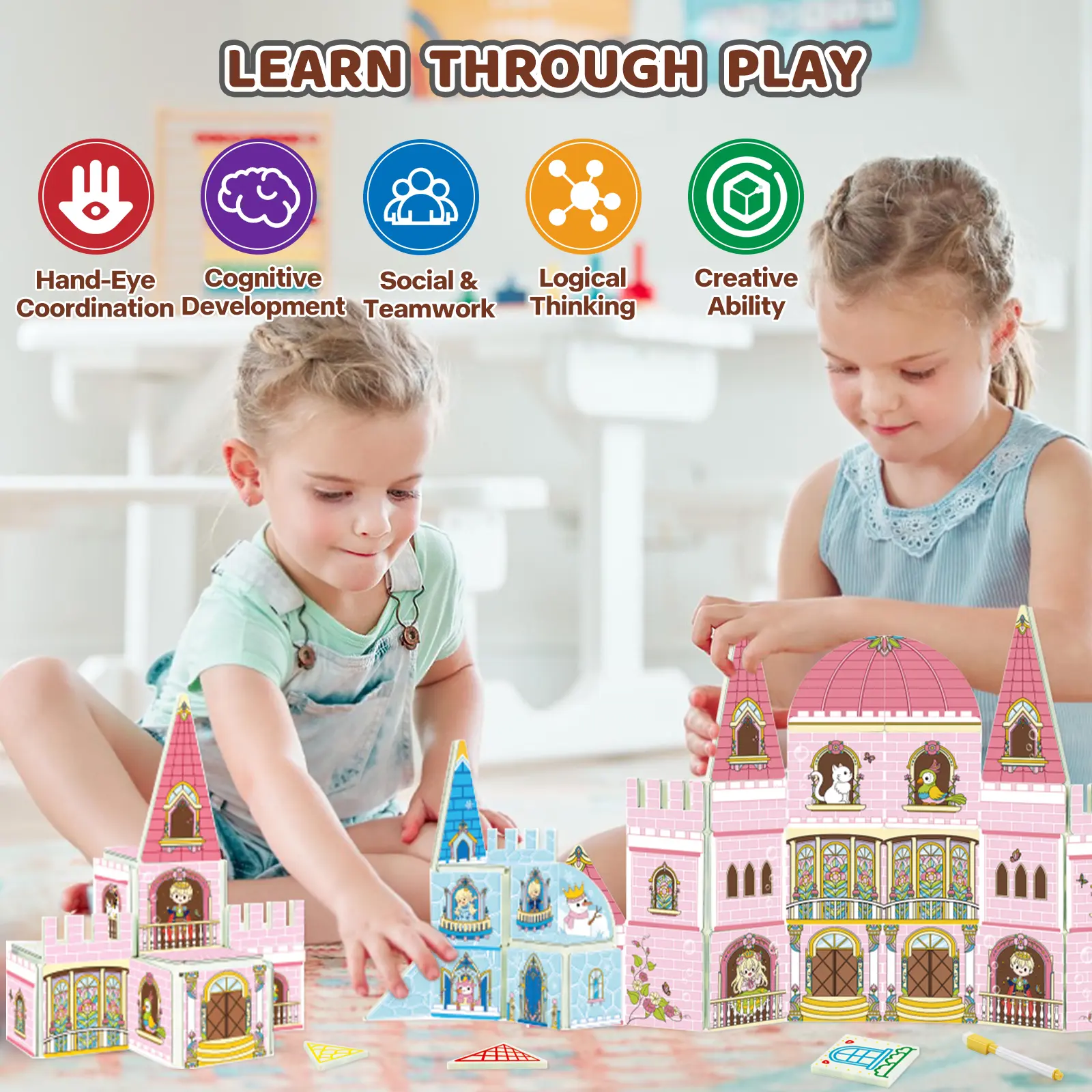 65 Pcs Magnetic Tiles for Kids, Princess Castle & Frozen Magnetic Building Tiles DIY Playset , 3D Education STEM Magnet Toys for Boys and Girls Age 4-8 3-5, Pink Blue Double Sided Printing Toddler STEM Magnet Blocks Kids Toys Birthday for 3 4 5 6 Year Old