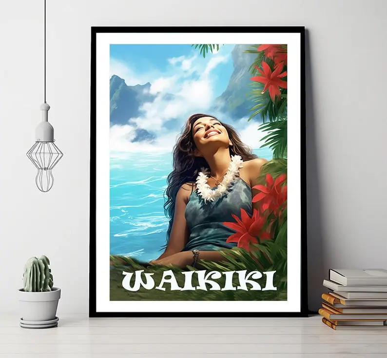 Waikiki Beach, Hawaii Travel Poster - Hawaiian Girl at the Beach / Gift Idea / Wall Decor