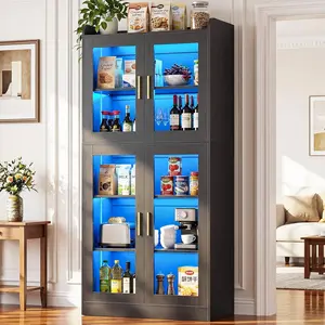 Unikito Kitchen Pantry Cabinet with Led Light, 67” Tall Storage Cabinet with Tempered Glass Doors and Adjustable Shelves, Freestanding Display Bookcase for Living Room, Dining Room