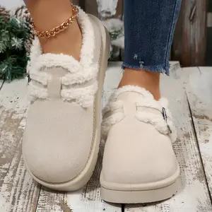 Women's Cozy Fleece Ankle Mini Snow Boots with Buckle Stylish Suede Design for Winter Comfort Indoor Outdoor Shoes