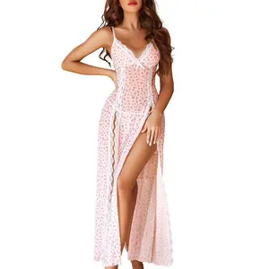 Women's Lingerie Lace Sleepwear Chemise Glamour Mesh Nightdress V Neck Nightwear Side Split Nightgown ,Christmas Lingerie