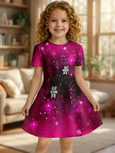 Girls Summer Magenta Snowflake Starry Sky Print Dress, Kids Dreamy Crew Neck Short Sleeve A-Line Dress
