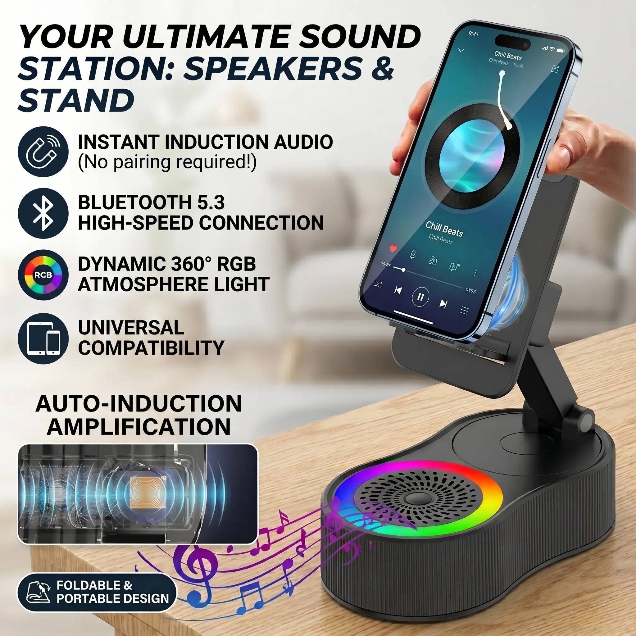Wireless Induction Audio Bluetooth Speaker, Party Speaker, Portable Speaker, Wireless Speakers, 5in1 Phone Holder, Emergency Rechargeable (4000mAh) with Colorful Ambient Light Foldable for Tablet iPhone Android, Gifts for Men Women