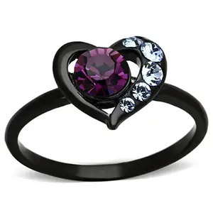 212 MAIN Female Heart Shaped Ring - IP Black Stainless Steel with Ion Plating, Top-Grade Amethyst Crystal, Enhancing Natural Beauty, Size 8