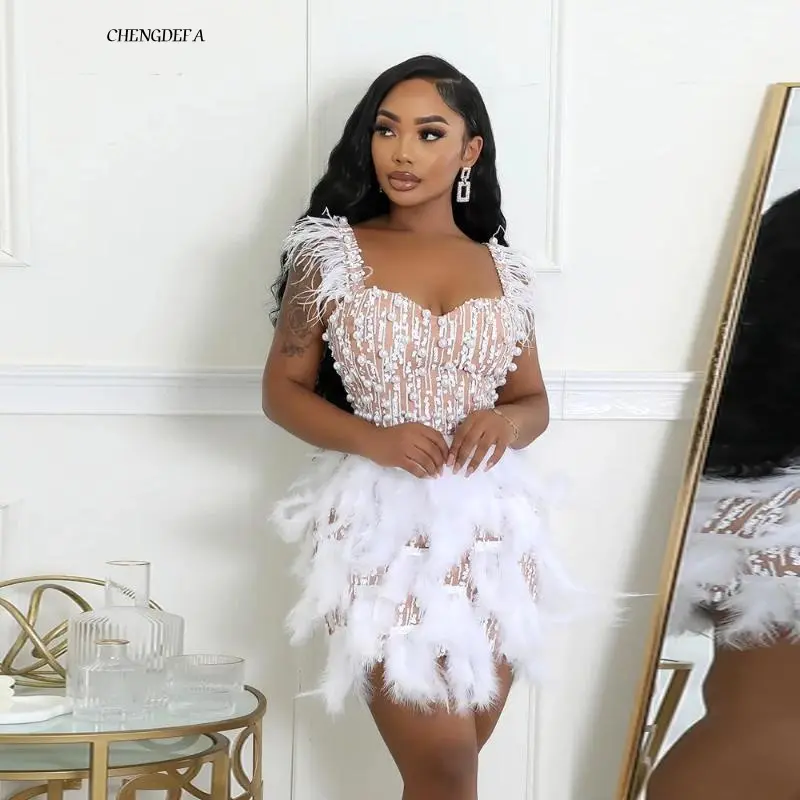 NEWCHENGDEFA two-piece set woman New Women's Dress with Nail Beads and Feathers, V-neck Waist Cinched Short Dress, Summer 2025