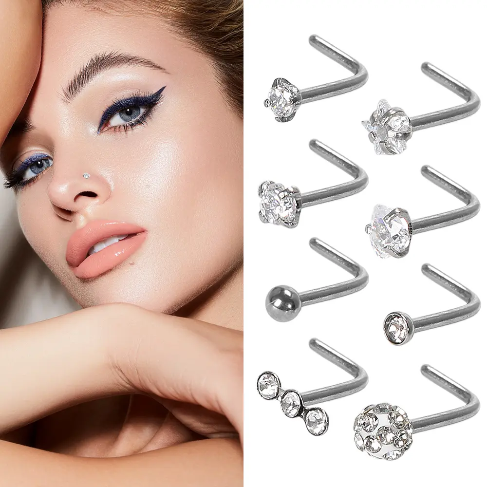 8 Pcs Titanium Nose Rings Set, 20G L-Shaped Studs with CZ, Opal, Heart & Star Tops, Hypoallergenic Piercing Jewelry for Women Men