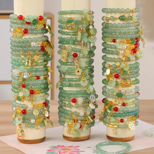 15/30pcs Elegant Green Glass Elastic Bracelet Set - with Flower Butterfly Peanut Charm, Ideal for Daily & Gift Occasions Accessory