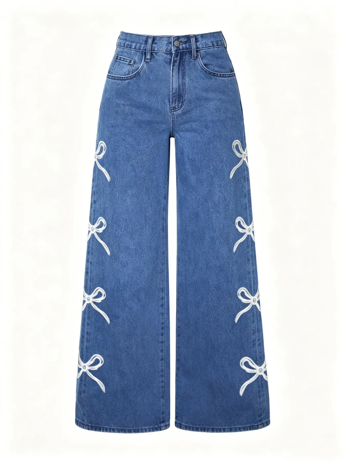 Women's Elastic Mid-Waist Wide-Leg Jeans, Loose Fit Floor-Length Denim Cotton Pants, Bottom, Butterfly Print, Casual All-Season Wear, Womenswear